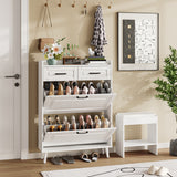 Slim Narrow Wooden Shoe Storage Cabinet, Large Oak Shoe Rack Organizer with 2 Flip Drawers & 2 Horizontal Drawers