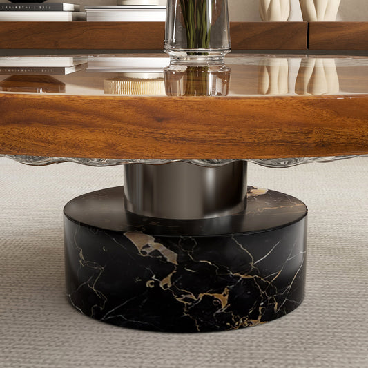 Modern Handmade Round Coffee Table with Solid Wood & Resin Inlay Tabletop (Glacier River Patchwork)