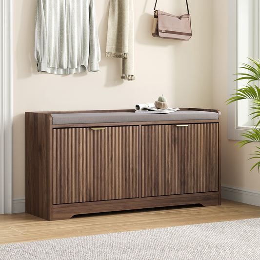 Wooden Shoe Bench with Cushion, Natural Wood Grain Shoe Storage Cabinet for 8-10 Pairs