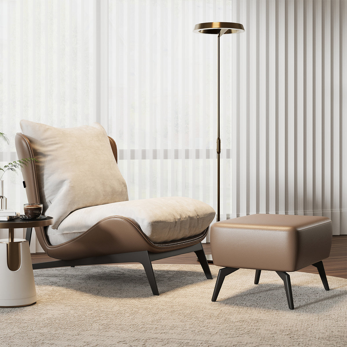 Modern Single Sofa Chair with Ottoman Footrest, Comfortable Leisure Armchair with Armrests