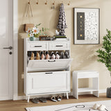 Slim Narrow Wooden Shoe Storage Cabinet, Large Oak Shoe Rack Organizer with 2 Flip Drawers & 2 Horizontal Drawers