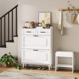 Slim Narrow Wooden Shoe Storage Cabinet, Large Oak Shoe Rack Organizer with 2 Flip Drawers & 2 Horizontal Drawers