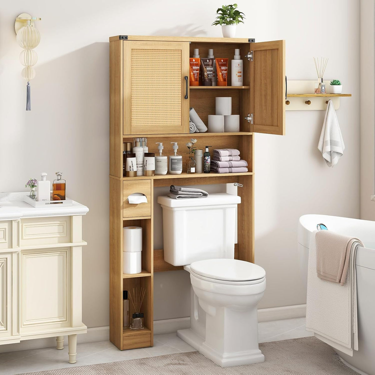 Farmhouse Over The Toilet Storage Cabinet with 2 Rattan Barn Doors