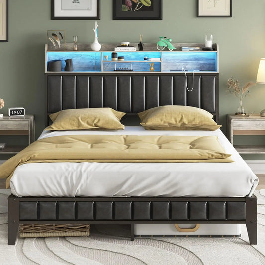 LED Queen Size Bed Frame with Charging Station£¬Wash Grey
