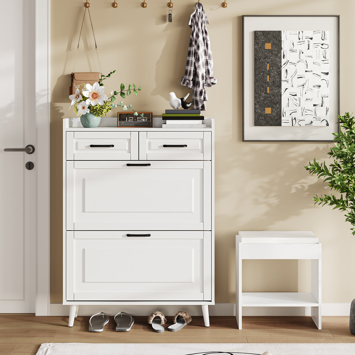 Slim Narrow Wooden Shoe Storage Cabinet, Large Oak Shoe Rack Organizer with 2 Flip Drawers & 2 Horizontal Drawers