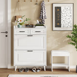 Slim Narrow Wooden Shoe Storage Cabinet, Large Oak Shoe Rack Organizer with 2 Flip Drawers & 2 Horizontal Drawers