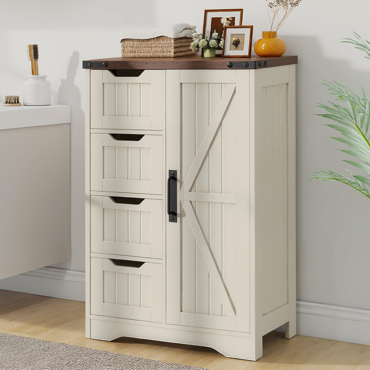 Farmhouse Bathroom Cabinet, White Freestanding Storage Cabinet with 4 Drawers and 1 Door