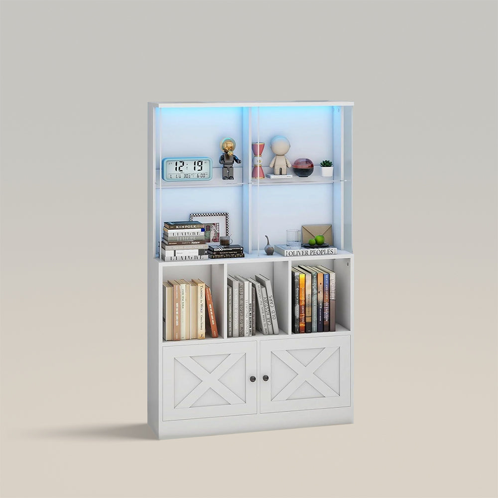 LED Lights Storage Cabinet Glass Tall Bookcase