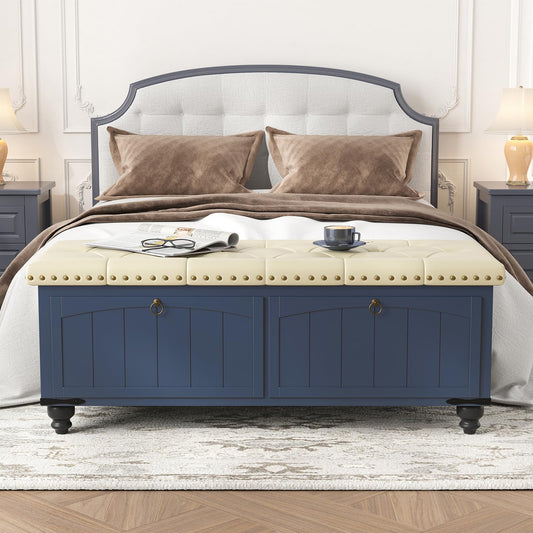 High-Quality Upholstered Storage Ottoman, Elegant Blue Bench with Wooden Frame & Safety Hinge