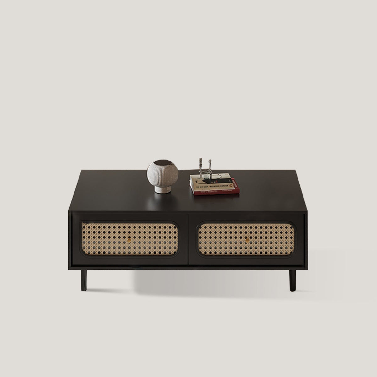 Modern Black Coffee Table with Rattan Drawers