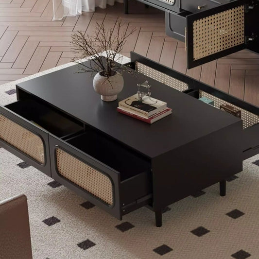 Modern Black Coffee Table with Rattan Drawers