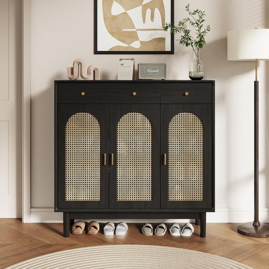 Retro Rattan Entryway Shoe Storage Cabinet