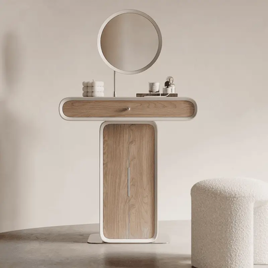 Cream Style Makeup Vanity Storage Cabinet with Round Mirror