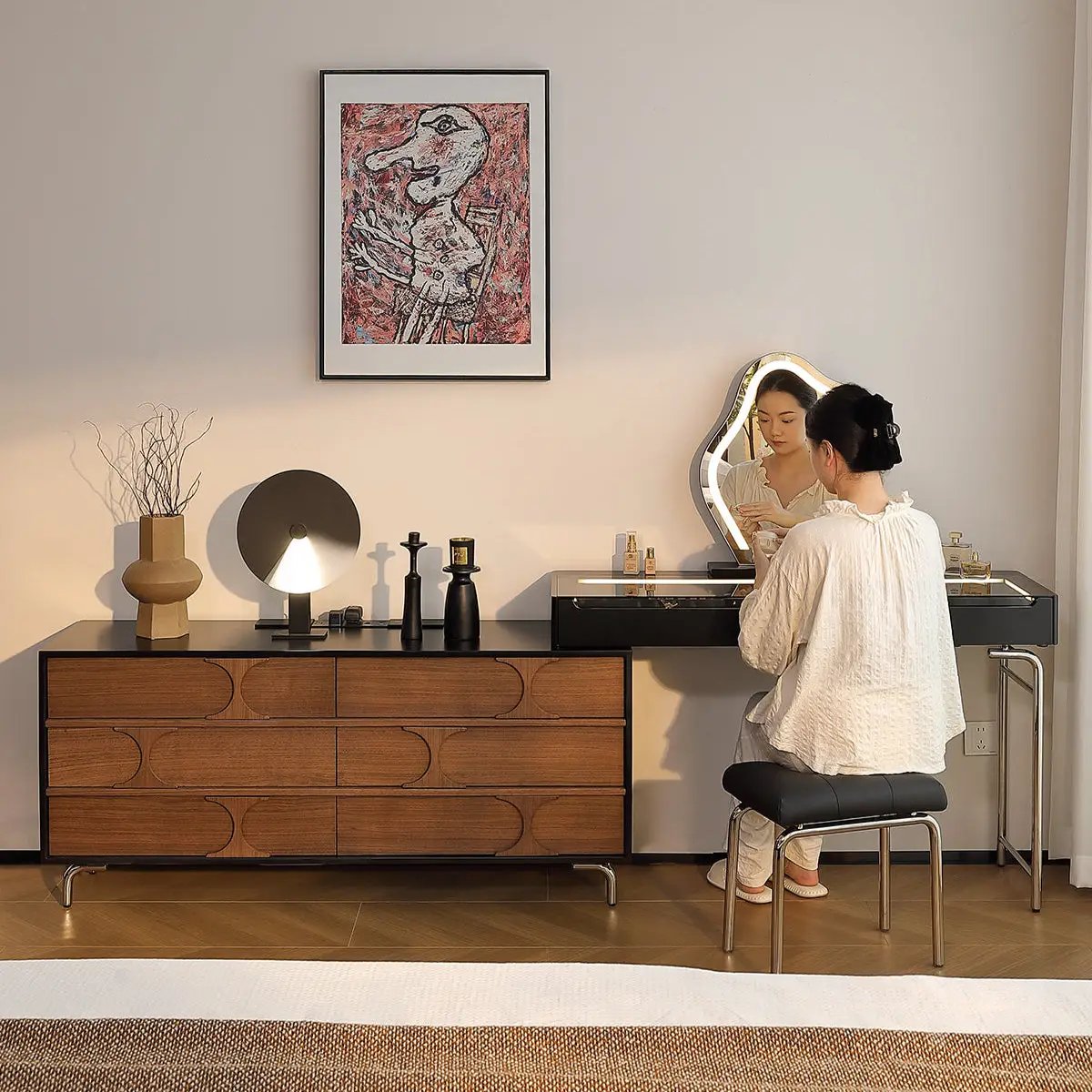 Bauhaus Makeup Vanity with Adjustable Bucket Cabinet