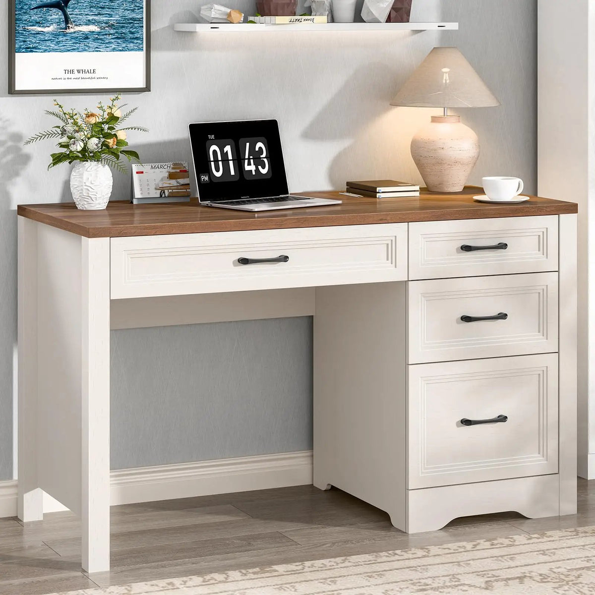 Computer Desk with Storage Drawers, Farmhouse Executive Desk