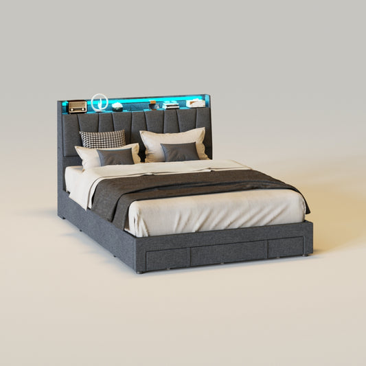 LED Upholstered Platform Bed with 3 Storage Drawers