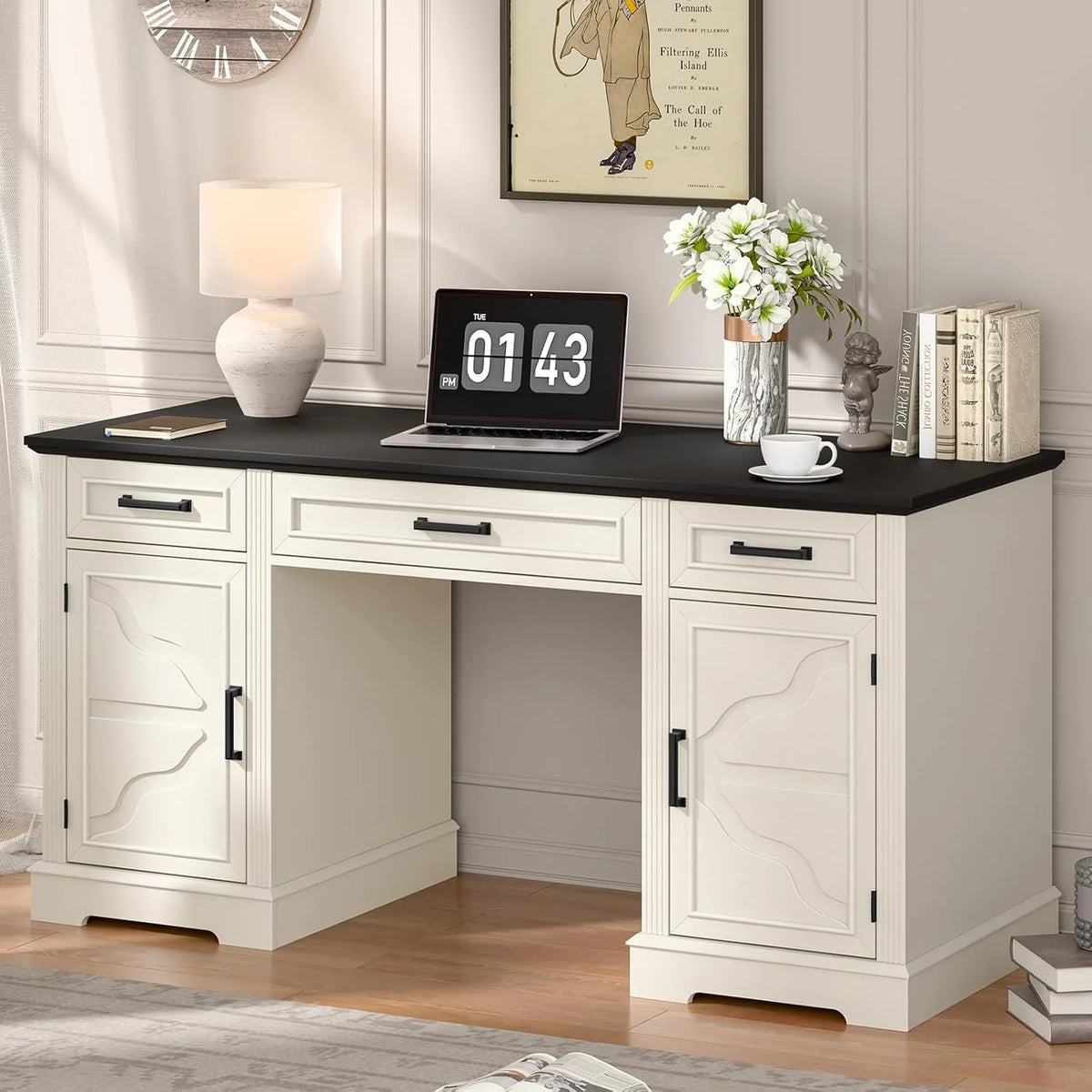 Vabches Farmhouse Executive Desk with 3 Drawers & 2 Storage Cabinet