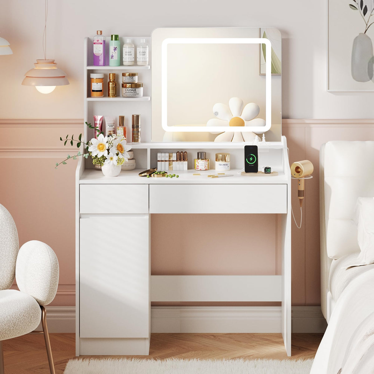 White Makeup Vanity Desk with 2 Drawers and Cabinet