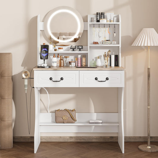 Makeup Vanity Desk Dressing Table with Charging Station with 2 Drawers