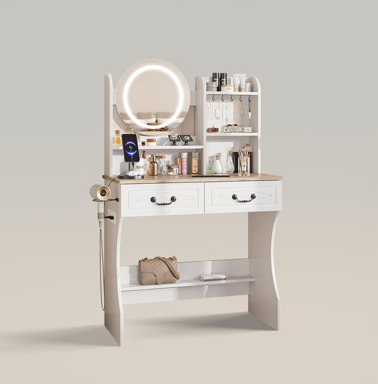 Makeup Vanity Desk Dressing Table with Charging Station with 2 Drawers