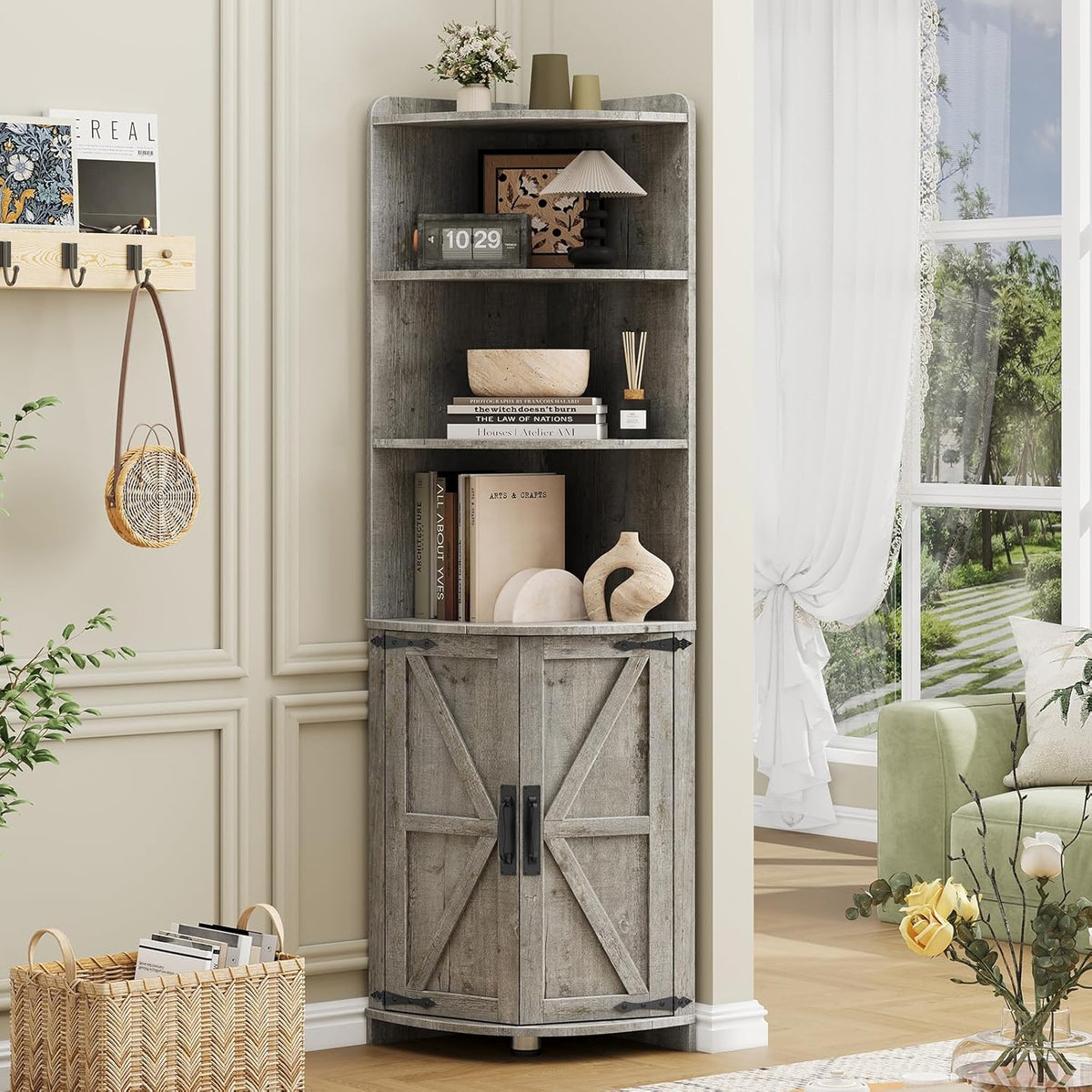 Vabches Farmhouse Corner Cabinet with 2 Doors and 6 Storage Shelves