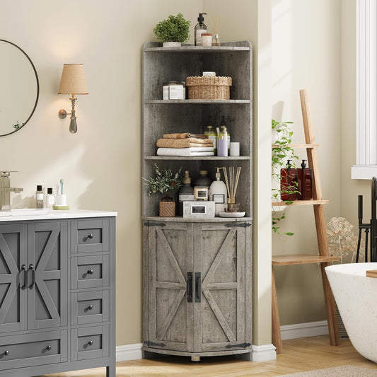 Vabches Farmhouse Corner Cabinet with 2 Doors and 6 Storage Shelves