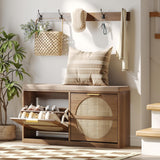 Rattan Shoe Storage Bench Entryway Bench with Seat Cushion