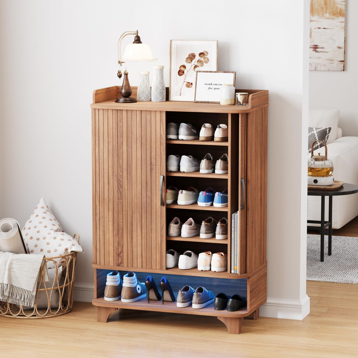 Wood Shoe Organizer Cabinet 6-Tier Shoe Cabinet with Led Light