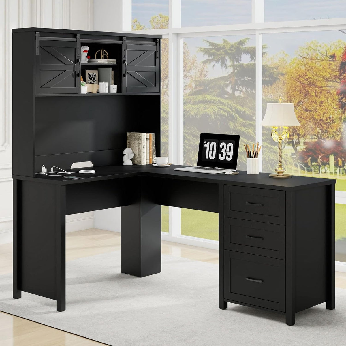 Vabches Farmhouse 68in H L Shaped Office Table with Hutch