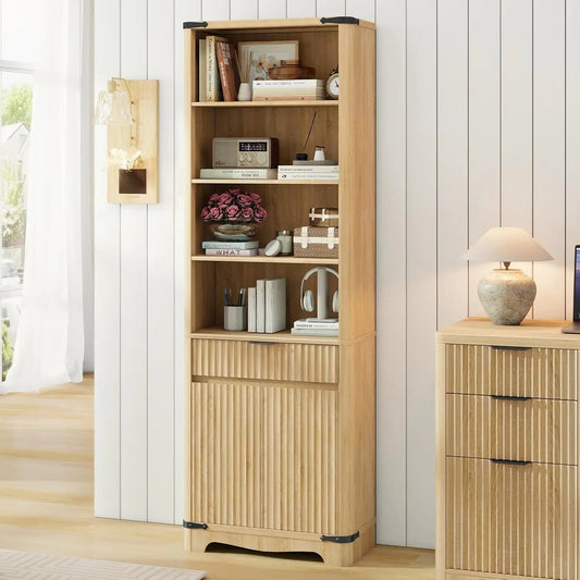 Modern Farmhouse 70.47in Tall Narrow Fluted Bookshelf with Storage