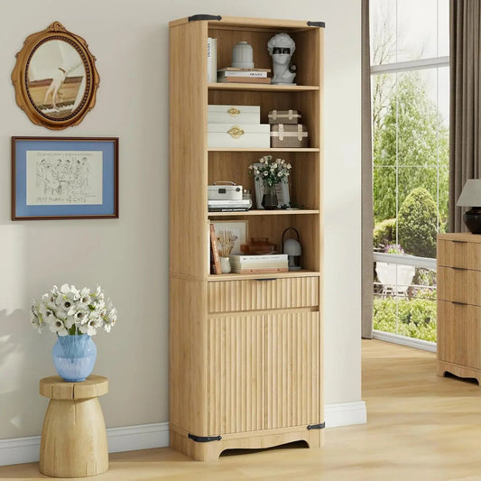 Modern Farmhouse 70.47in Tall Narrow Fluted Bookshelf with Storage
