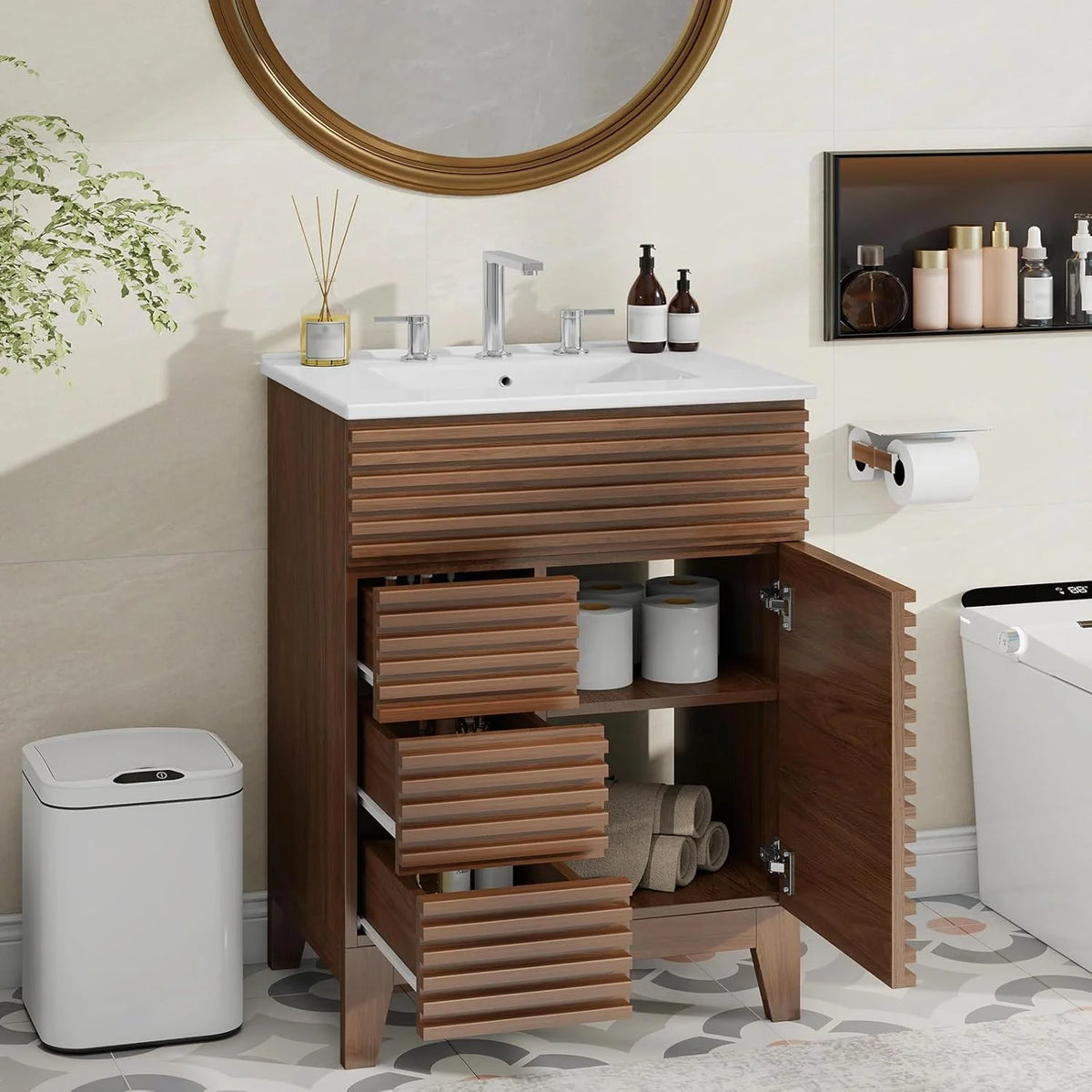 Vabches 36in Mid-Century Fluted Bathroom Storage Cabinet