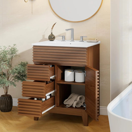 Vabches 36in Mid-Century Fluted Bathroom Storage Cabinet