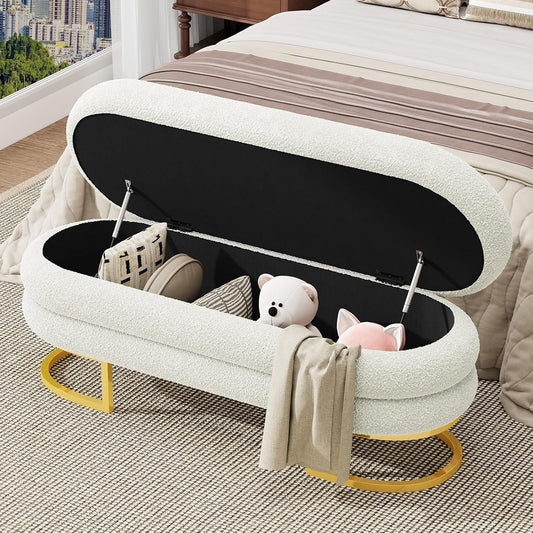 Upholstered End of Bed Bench with Storage and Golden Metal Leg
