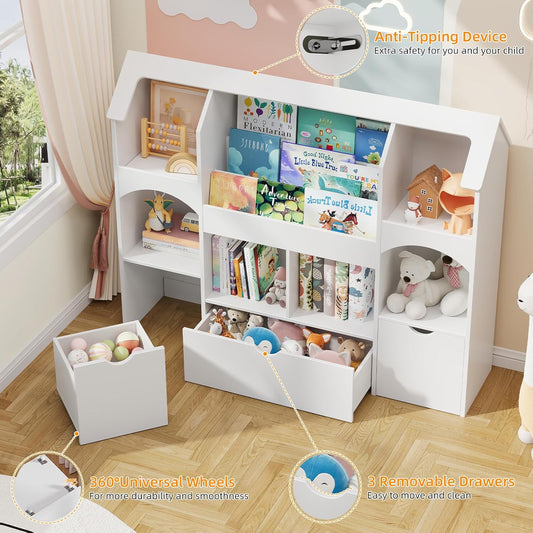 Multi-Functional Toy Storage Organizer with 3-Tier Book Rack