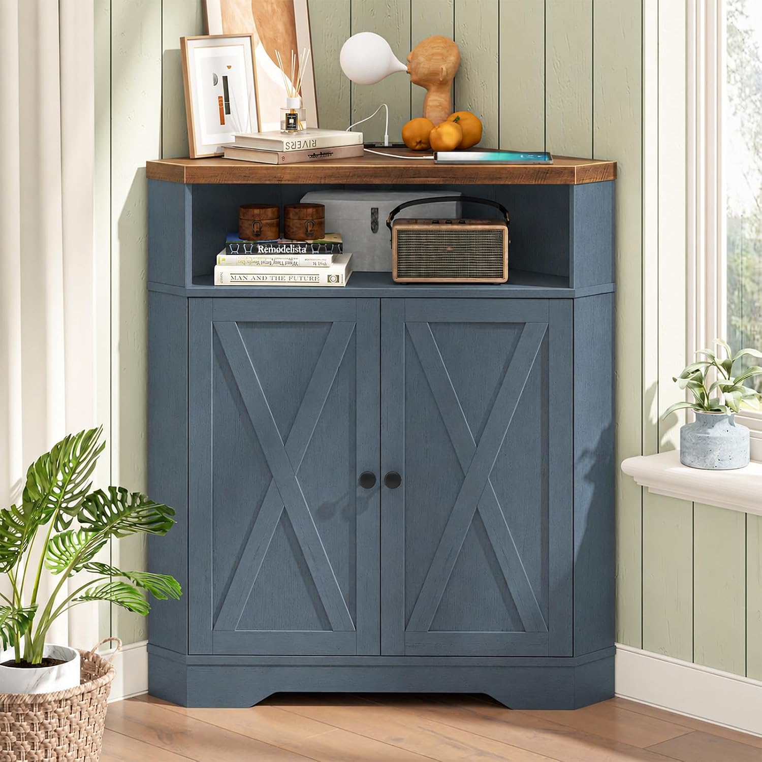 walnut and blue