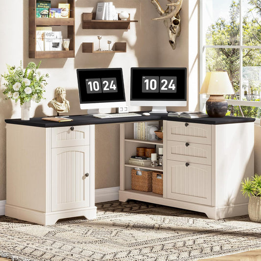 Vabches Farmhouse L Shaped Corner Executive Desk with File Cabinet