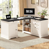 Vabches Farmhouse L Shaped Corner Executive Desk with File Cabinet
