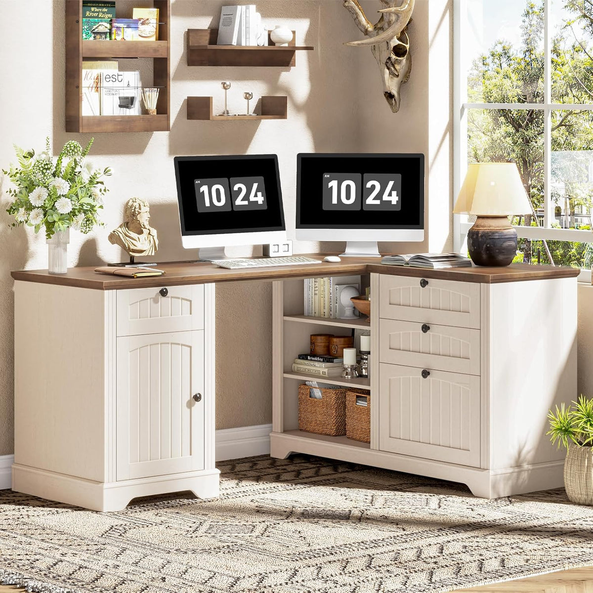 Vabches Farmhouse L Shaped Corner Executive Desk with File Cabinet