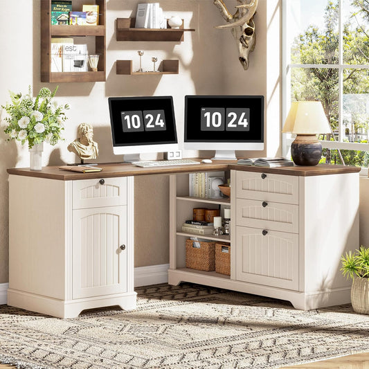 Vabches Farmhouse L Shaped Corner Executive Desk with File Cabinet