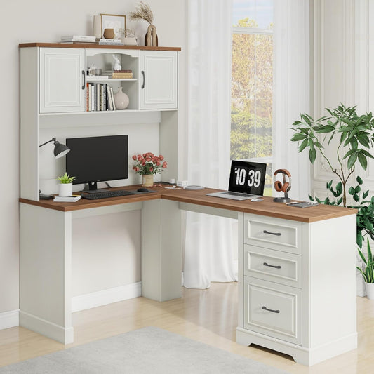 Vabches Farmhouse 68in L Shaped Executive Desk with Charging Station