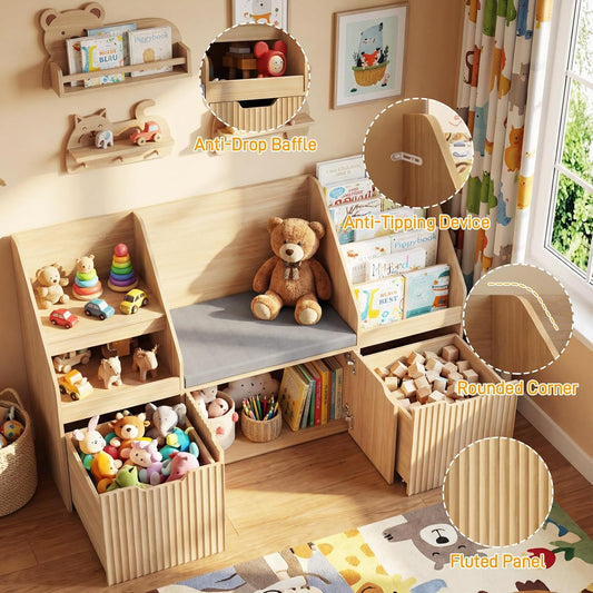 Vabches Kids Bookshelf with Storage Organizer and Seat Cushion