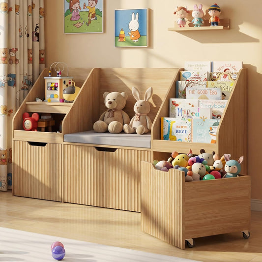 Vabches Kids Bookshelf with Storage Organizer and Seat Cushion