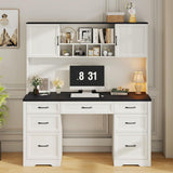 Vabches Farmhouse Executive Desk with 7 Drawers and Storage Cabinet