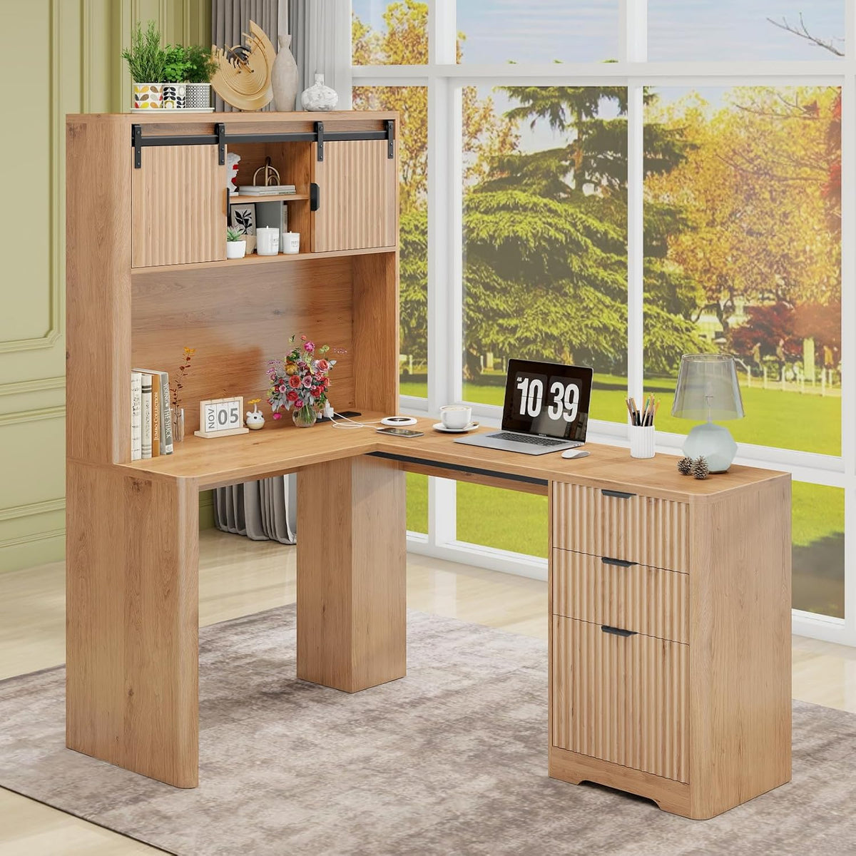 Farmhouse 68in L Shaped Fluted Executive Desk with Sliding Doors