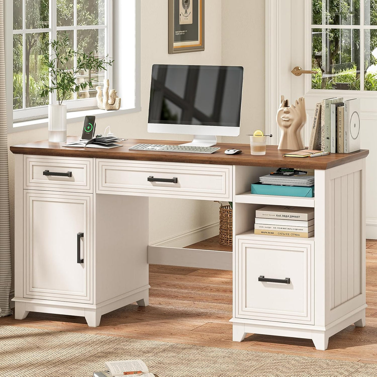 Vabches 55in Farmhouse Executive Desk with 3 Drawers and Storage Cabinet