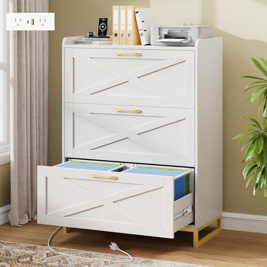 Vabches File Cabinet 3 Drawers Lateral File Cabinet with Charging Station