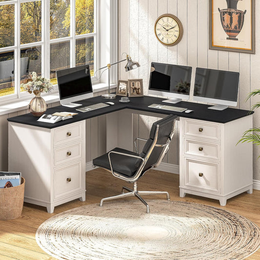 Vabches Farmhouse L Shaped Corner Executive Desk with 6 Drawers