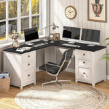 Vabches Farmhouse L Shaped Corner Executive Desk with 6 Drawers