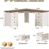 Vabches Farmhouse L Shaped Corner Executive Desk with 6 Drawers